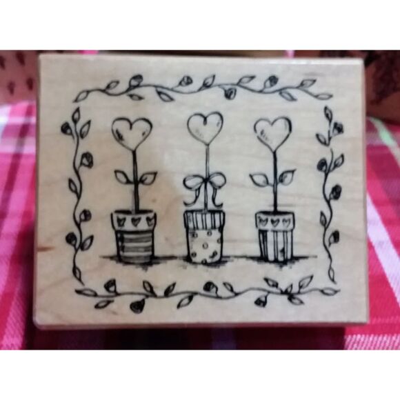 2002 PSX Wood Rubber Stamp G-3369 Hearts Flower Pots Floral Vines Vintage - Picture 1 of 4